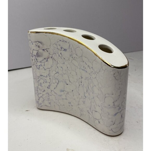 Vtg Ceramic Toothbrush Holder MCM Marble Pattern Gold Trim Hollywood Regency Mod - Picture 5 of 11